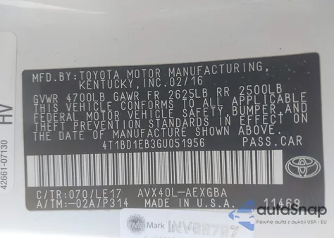 2016 Toyota Avalon Hybrid z USA, uszkodzony, nr VIN 4T1BD1EB3GU051956